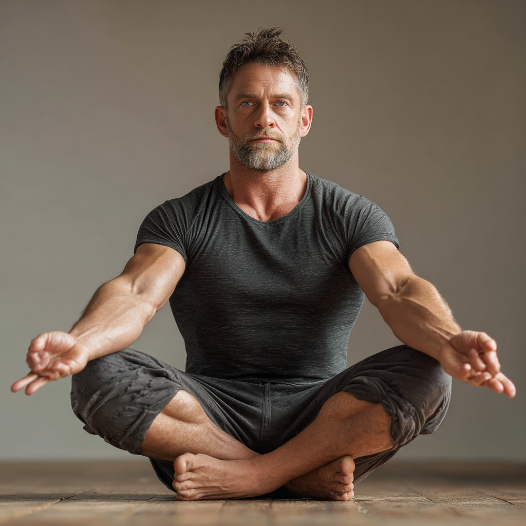 Peaceful Ukrainian woman in her 40s practicing yoga in a serene natural setting with soft morning light