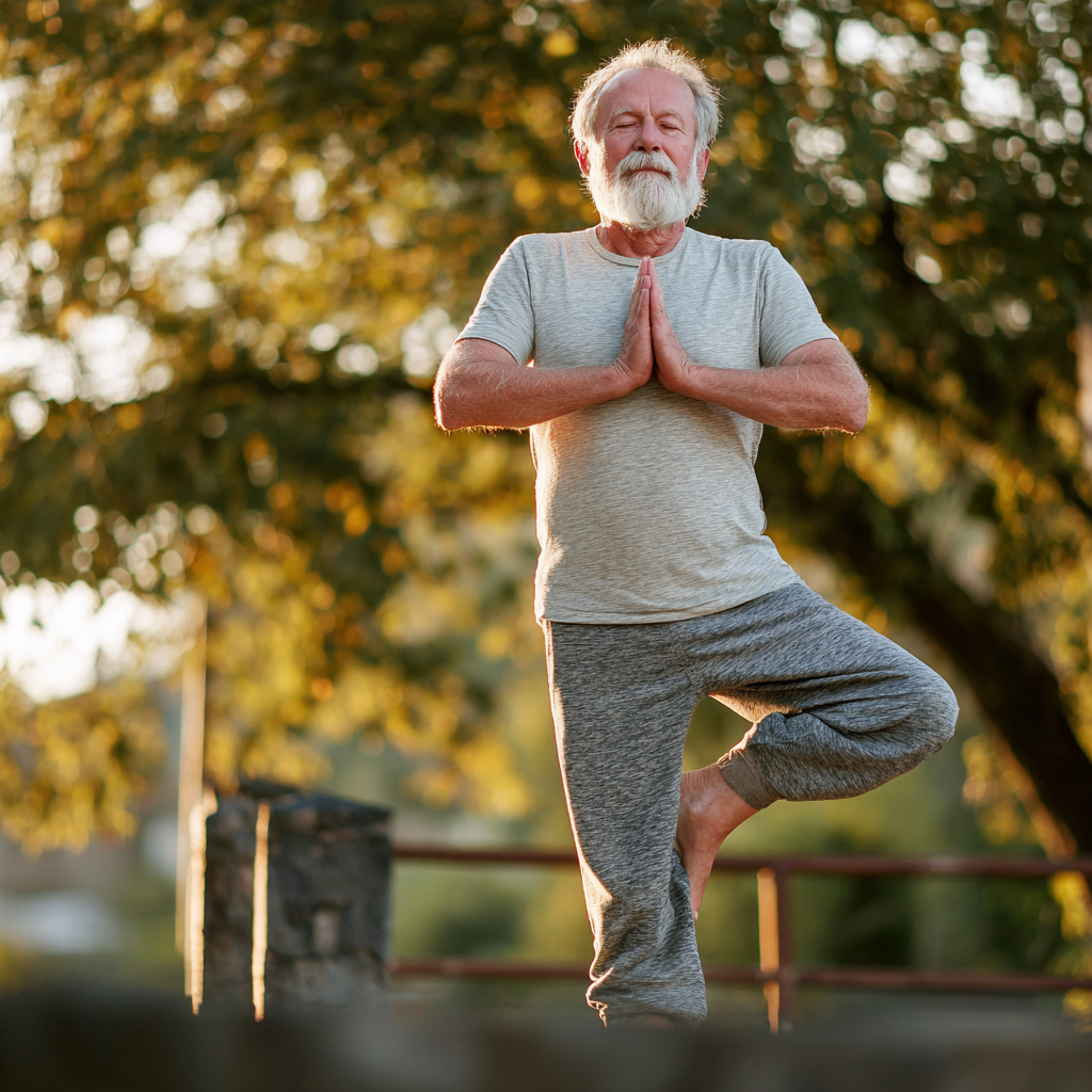 Elderly Ukrainian man demonstrating tree pose yoga asana outdoors with focused expression and natural lighting